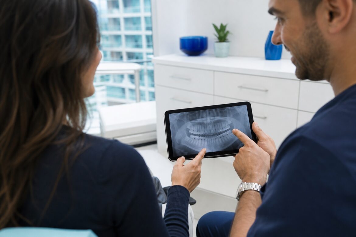 Dentist and patient reviewing dental imaging together during a checkup in Brickell Miami