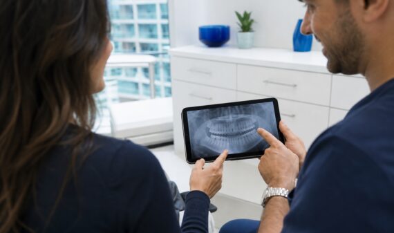 Dentist and patient reviewing dental imaging together during a checkup in Brickell Miami
