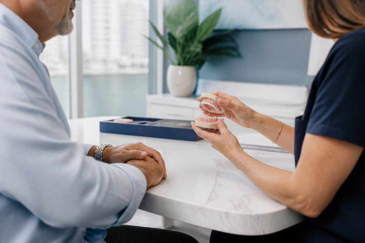 Mature patient discussing snap-in and traditional denture options with a dental professional in Brickell Miami
